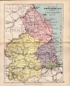 County Northumberland 1895 Antique Victorian Detailed Coloured Map.