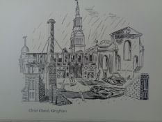 Edward Bawden CBE RA Original Vintage Historic Lithograph of London Historic Christchurch