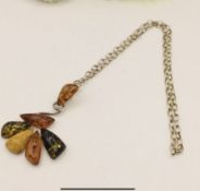 Vintage 925 Silver Large Modernest Tri Colour Amber Pendant Necklace L52