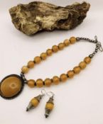 Vintage Amber Coloured Pine Resin Necklace With Pendant and Earring Bead Set