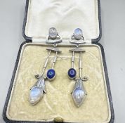 Antique Vintage 925 Silver Moonstone/Lapis Art Deco Oversized Dangle Earrings