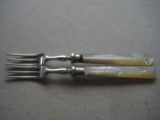 Antique Pair of Mother of Pearl Hafted Silver Plated Pickle Forks