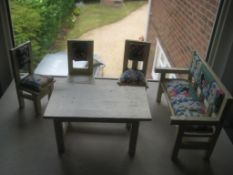 Vintage Dolls House Wooden Table, Settee Chair, and Three Chairs