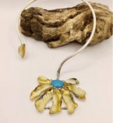 Artisan Bespoke Unique 925 Silver Amber Turquoise Flower Pendant Torque Necklace
