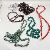 Job Lot 6 Vintage Costume Necklaces Jade Coral Quartz Onyx