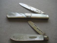 Two Mother of Pearl Hafted Silver Folding Fruit Knives