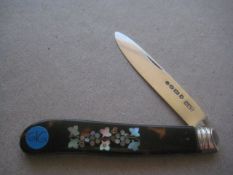 Rare Victorian Abalone Inlaid Silver Bladed Folding Fruit Knife, Birmingham 1868