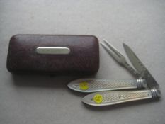 Victorian Mother of Pearl Hafted Cased Silver Bladed Folding Fruit Knife and Fork