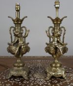 Pair of Vintage Rococo Revival Brass Cherub Table Lamps