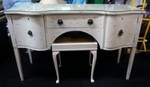Vintage Painted Dressing Table with Stool – Distressed Cream Finish, Glass Top