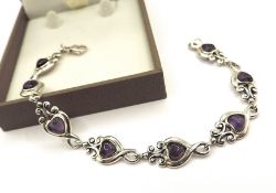 Vintage Artisan Sterling Silver Cabochon Heart Amethyst Bracelet