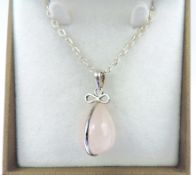 Sterling Silver Rose Quartz Pear Drop Pendant Necklace New With Gift Pouch
