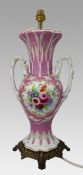Antique Hand Painted Pink Ground Porcelain Table Lamp, c.1890