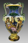 Hand-Painted Italian Majolica Two-Handled Vase with Serpent Handles c.1900