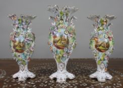 Garniture of Three English Flower-Encrusted Porcelain Vases, c.1850 (probably Samuel Alcock & Co....