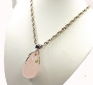 Artisan Sterling Silver Large Rose Quartz & Tourmaline Pendant Necklace