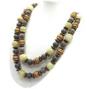 Vintage Artisan Chunky Onyx & Brass Bead Necklace 38 Inches Long