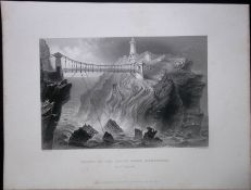 Holyhead Lighthouse Bridge Wales WH Bartlett 1842 Antique Steel Engraving-100