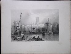 Gloucester Town & Harbour WH Bartlett 1842 Antique Steel Engraving-97