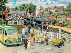 1960's Village Train Station Platform Day Trip Coach Summer Scene Metal Wall Art