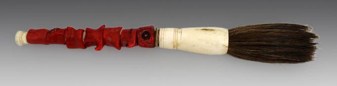 Chinese Coral Chunk & Bone Calligraphy Brush
