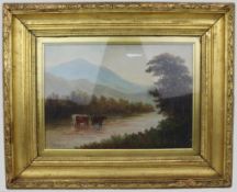 Cattle in a Stream – Victorian Landscape by E.J. Bladon Oil on Board, Signed