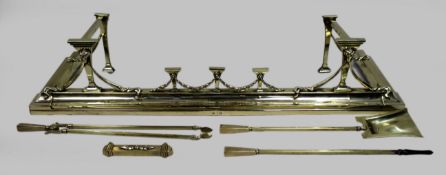 Antique Edwardian Brass Fireplace Fender & Matching Fire Irons