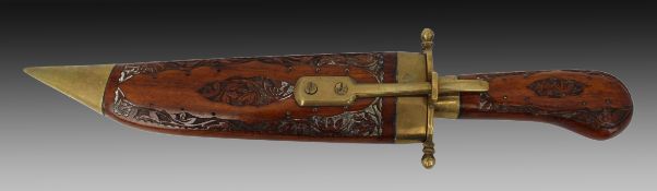Indian Knife in Hand Carved Wood & Brass Scabbard
