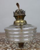 Antique Ribbed Glass and Brass Oil Lamp Font, c.1900