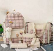 Chic Plaid 5pcs Backpack Set For Women - Stylish, Functional & Perfect For School Or Travel