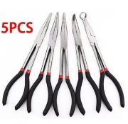 5-Piece Long Nose Pliers Set – Straight & Curved Precision Repair Pliers (11″ Steel)