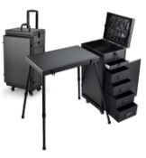 Rolling Makeup Case Manicure Desk Foldable Mobile Beauty Workstation With 5 Drawers, Wheels