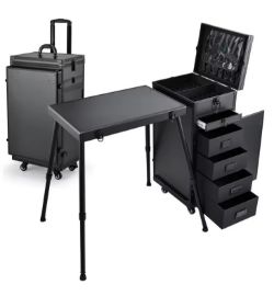 Rolling Makeup Case Manicure Desk Foldable Mobile Beauty Workstation With 5 Drawers, Wheels