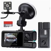 3-Channel Dash Cam – Front 1080P + Cabin + Rear | Night Vision | 32GB SD Card Included