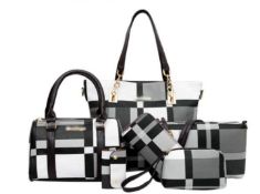6pcs Set Large Capacity Checkered Pattern Shoulder Bag With Simple Handbag, Crossbody Bag, Clutch...
