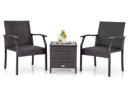 3 Piece Patio Wicker Chair Set, Outdoor Conversation Set W/ Cushioned Seat RRP £249.99