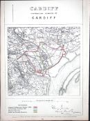 Cardiff City & District Wales Boundary Commission 157-Year-Old Coloured Antique Map.
