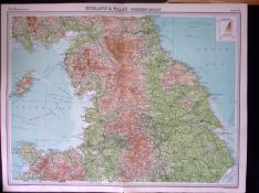 England & Wales Northern Section Large Coloured Antique Map John Bartholomew
