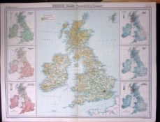 British Isles Vegetation & Climate Large Coloured Antique Map John Bartholomew