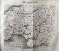 Antique 139 Years-Old Scarce Map Carmarthenshire 1885 Boundary Changes.
