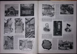 The Burning of Exeter Royal Theatre 1887 Antique Double Page Woodcut Print.
