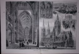 Truro Cathedral Cornwall Large Antique Victorian Woodcut Engraving.
