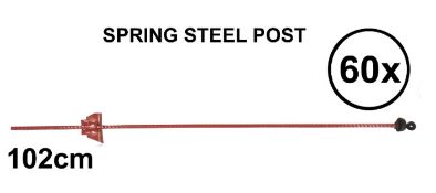 60x Spring Steel Post: 102CM Red. Plastic Insulator