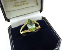 Gold On Sterling Silver Marquise Peridot & White Topaz Ring New With Gift Pouch