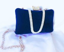 Blue Velvet Evening Clutch Bag With Crystal Decoration 'New'