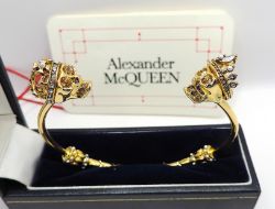 Alexander McQueen Gold Plated Double Memento Mori Skull Bracelet/Bangle