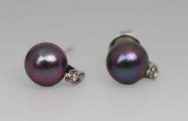 Black Pearl & Diamond 18ct Gold Ear Studs