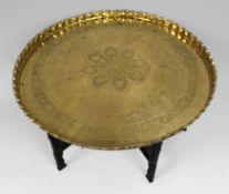 Large Middle Eastern Brass Tray Table on Carved Hardwood Folding Stand