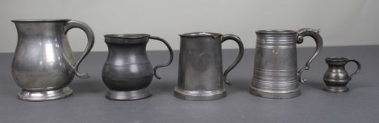 Collection of 5 Antique & Vintage Pewter Tankards
