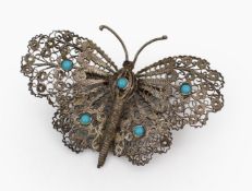 Early 20th Century Silver Filigree Butterfly Brooch with Turquoise Cabochons